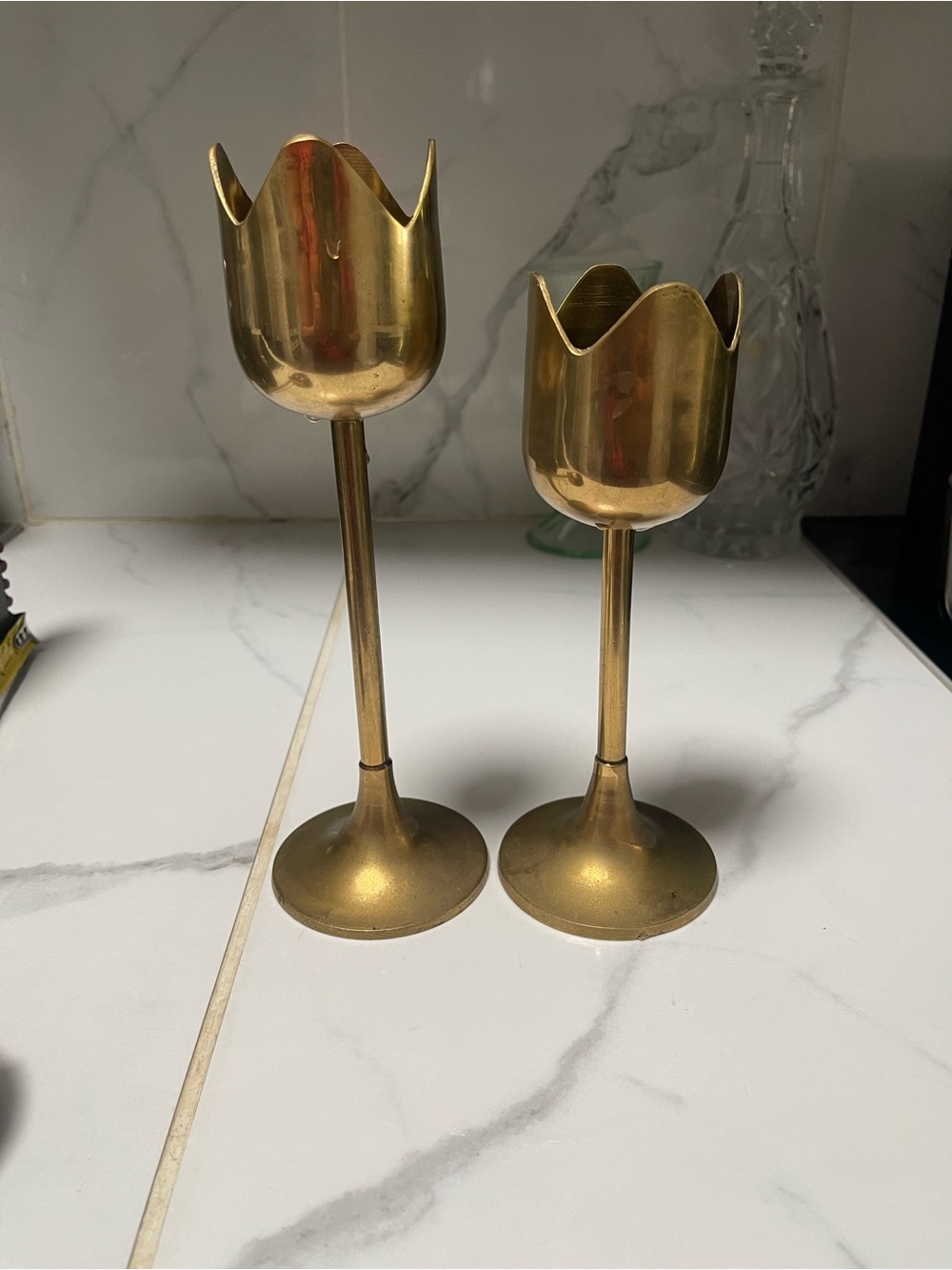 Vintage Brass Lacquered  Tulip Graduated Candlesticks Set of 2 Made In India